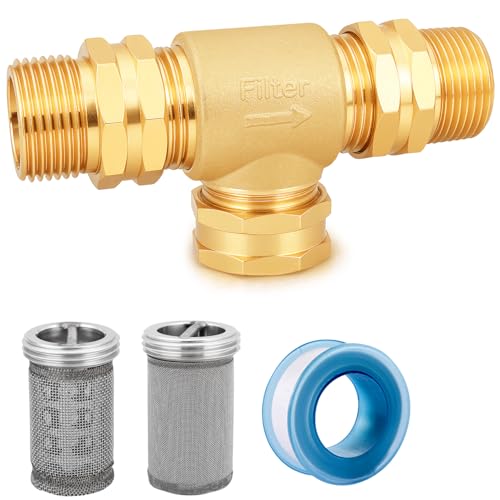 T Line Strainer Garden Hose Filter with 100 Mesh and 40 Mesh Screen and 2 PCS GHT to NPT Adapter Pressure Washer or Heater Inlet for RV Camping Car Wash On Pipe Strainer