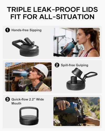 Insulated Water Bottle 32 oz with 3 Lids
