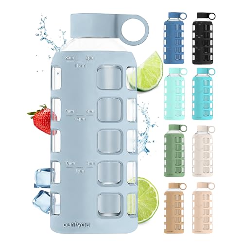 40oz / 32oz / 22oz / 12oz Borosilicate Glass Water Bottle with Time & Volume Markers, Silicone Sleeve, Stainless Steel Lid | Reusable Glass Bottle for Water & Juice (22oz Ice Blue)