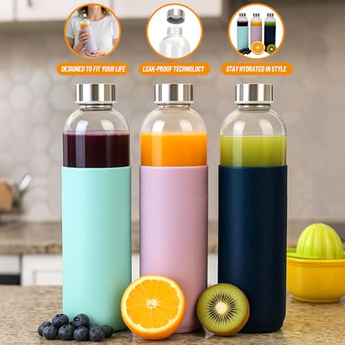 18 oz Glass Water Bottles with Lids and Silicone Sleeve 10 Pack