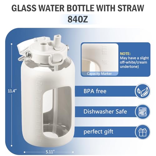 84oz Water Bottle Glass with Stainless Steel Handle Large 2.5l Water Bottle with Time Markers and Silicone Sleeve Half Gallon Water Jug BPA Free for Gym Daily Use