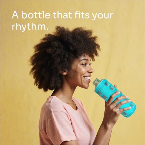 40oz / 32oz / 22oz / 12oz Borosilicate Glass Water Bottle with Time & Volume Markers, Silicone Sleeve, Stainless Steel Lid | Reusable Glass Bottle for Water & Juice (12oz Aqua Blue)