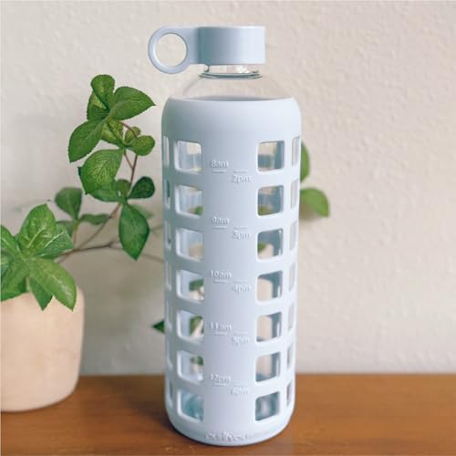 40oz / 32oz / 22oz / 12oz Borosilicate Glass Water Bottle with Time & Volume Markers, Silicone Sleeve, Stainless Steel Lid | Reusable Glass Bottle for Water & Juice (32oz Ice Blue)