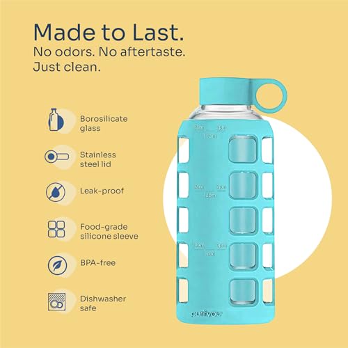 40oz / 32oz / 22oz / 12oz Borosilicate Glass Water Bottle with Time & Volume Markers, Silicone Sleeve, Stainless Steel Lid | Reusable Glass Bottle for Water & Juice (22oz Aqua Blue)