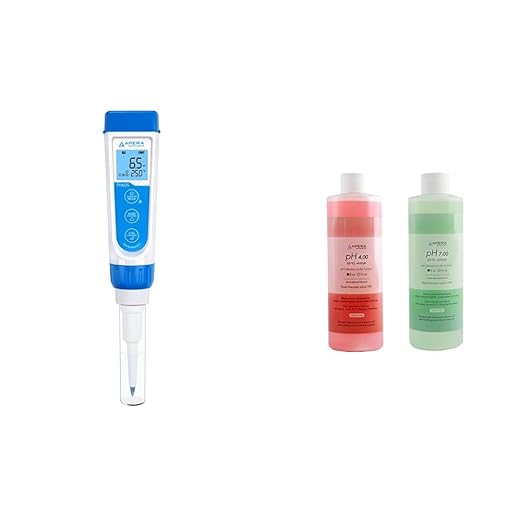 Apera Instruments Premium-Series PH60S Food pH Pocket Tester Kit, Swiss Spear pH Electrode, ±0.01 pH Accuracy, -2.00-16.00 pH Range & AI1113 pH Calibration Buffer Solution Kit, 8 oz. Each