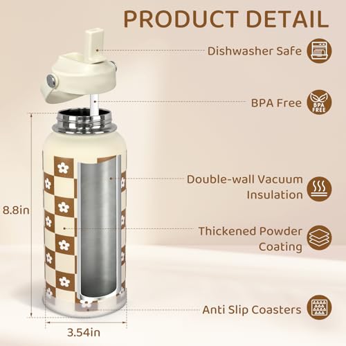 32oz Checker Gifts Insulated Water Bottle for Women with Straw