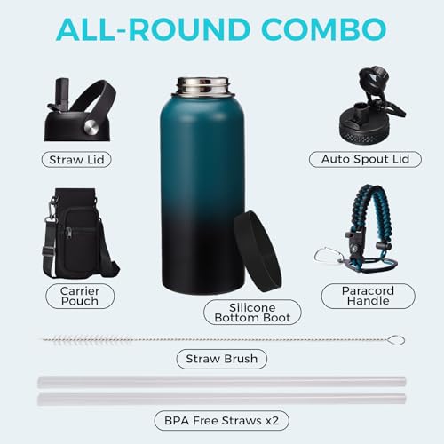 32oz/40oz/64oz Insulated Water Bottles - with Straw & Flip Auto Lid, Stainless Steel Water Bottle Shoulder Carrier Bag, Silicone Boot, BPA-Free Metal Water Bottle with Handle Paracord (32 Count)
