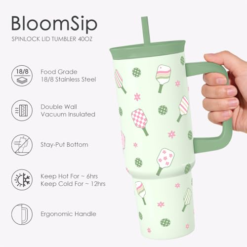 Pickleball Stainless Steel Locking Lid Silicone Straw Tumbler with Handle 40oz