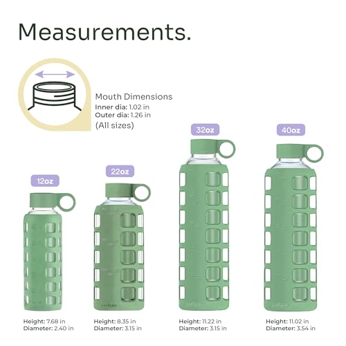 40oz / 32oz / 22oz / 12oz Borosilicate Glass Water Bottle with Time & Volume Markers, Silicone Sleeve, Stainless Steel Lid | Reusable Glass Bottle for Water & Juice (40oz Shale Green)