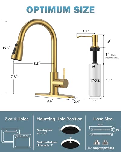 Brushed Gold Kitchen Faucet with Soap Dispenser