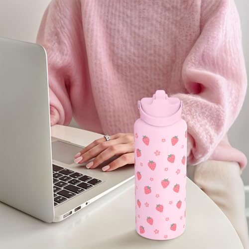 Strawberry Water Bottle 32oz Stainless Steel with Lid & Straw