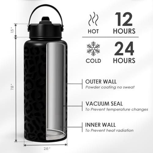 Leopard Water Bottle 32oz Stainless Steel Double Wall Vacuum Insulated with Lid