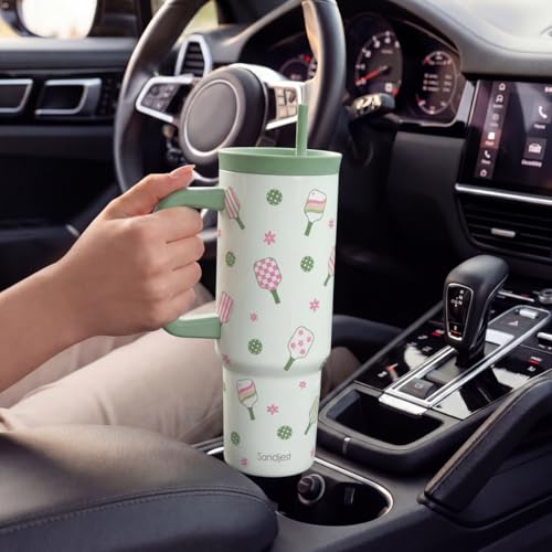Pickleball Stainless Steel Locking Lid Silicone Straw Tumbler with Handle 40oz