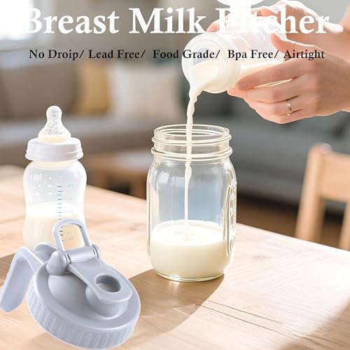 Mason Jar Pitcher With Pour Lid 32 Oz Glass Breast milk Storage Jug 1 Quart Wide Mouth Glass Tea Pitcher With Handle Creamer Container For Fridge Juice (2 Count)