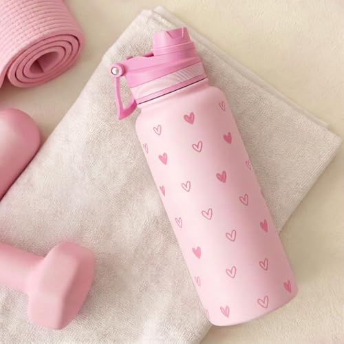 Pink Heart Stainless Steel Water Bottle with Strap 32oz
