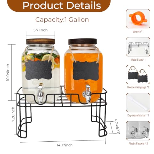 2 Pack 1 Gallon Glass Drink Dispensers with Wood Lid