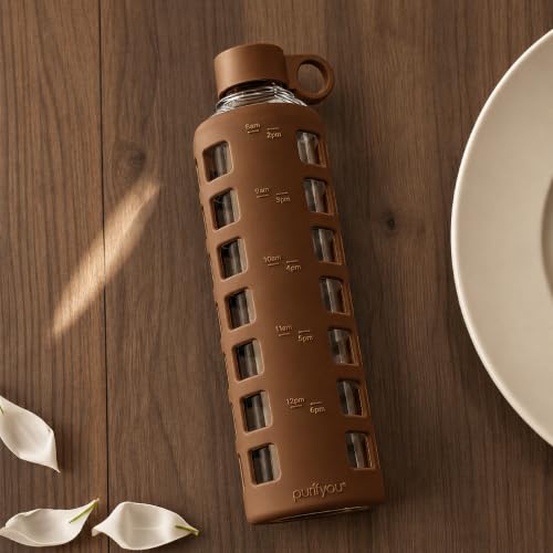 40oz / 32oz / 22oz / 12oz Borosilicate Glass Water Bottle with Time & Volume Markers, Silicone Sleeve, Stainless Steel Lid – Reusable Glass Bottle for Water & Juice (32oz Earth Brown)
