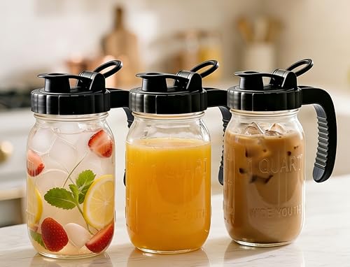 Glass Mason Jars Pitcher 32 Oz Pour Spout Lids & Handle (2 Count)