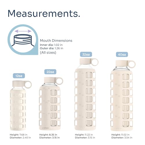 40oz / 32oz / 22oz / 12oz Borosilicate Glass Water Bottle with Time & Volume Markers, Silicone Sleeve, Stainless Steel Lid | Reusable Glass Bottle for Water & Juice (22oz Pearled Ivory)