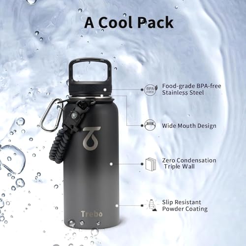 Insulated Water Bottle 32 oz with 3 Lids