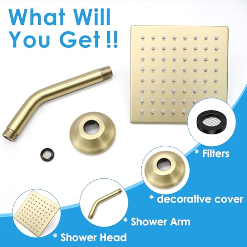 6 Inch Square Shower Head Stainless Steel High Pressure Rain Shower Heads with Extension Arm Adjustable Angle Replacement Luxury Shower Head for Modern Bathroom
