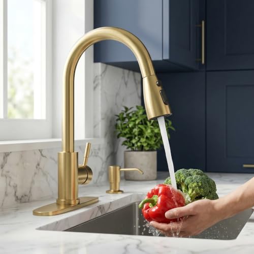 Brushed Gold Kitchen Faucet with Soap Dispenser