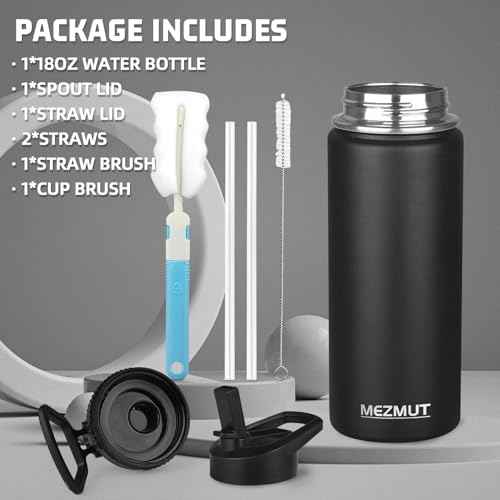 18oz Sports Insulated Water Bottle for School with 2 Lids