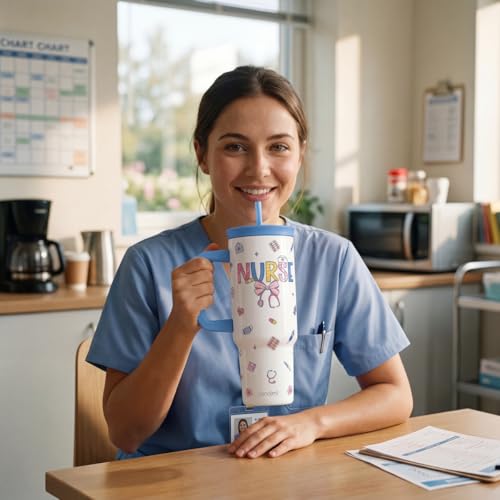Nurse Stainless Steel Locking Lid Silicone Straw Tumbler with Handle 40oz