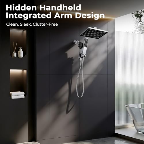 Filtered Rain Shower Head with Handheld Combo High Pressure 12'' Rainfall Shower Heads & Hidden Detachable Wand Dual Showerhead Water Softener for Hard Water Easy Filter Replacement