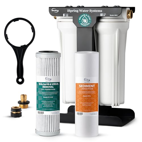 CW21-BV 2-Stage RV Water Filtration System for Campers, SGS-Tested Báctérïa and Viruses Removal, BPA-Free, High Capacity, 3/4'' Lead-Free Brass Hose Quick Connectors, Tankless