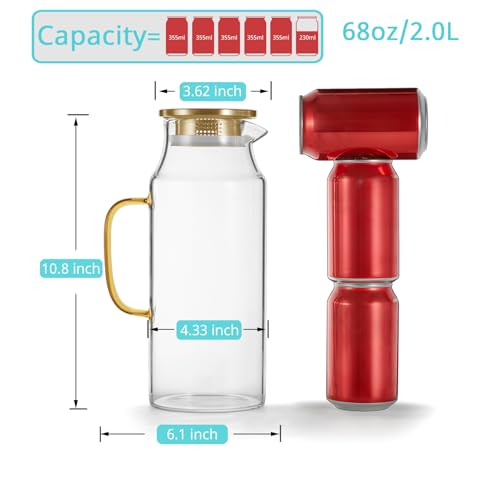 2 Pack 2 Liter 68 oz 2.1 Qt Gold Glass Pitcher with Lid and Handle (2 Count)
