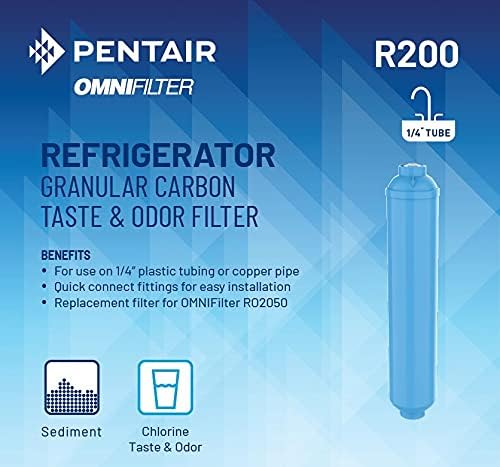 OMNIFilter R200 Inline Water Filter for Refrigerators & Ice Makers, 1/4" Quick Connect Fittings, Removes Sediments, Chlorine Taste and Odor, 15 Micron, Blue - AquaVibe