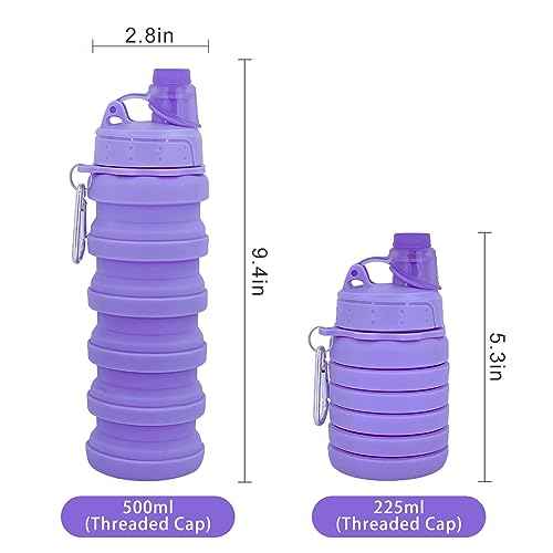 Collapsible Water Bottles Two Pack Travel Sports Portable Sport Bottle with Mountaineering Buckle 500ml Silicone Waterproof Camping Bottle (2 Count)