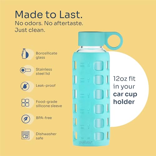 40oz / 32oz / 22oz / 12oz Borosilicate Glass Water Bottle with Time & Volume Markers, Silicone Sleeve, Stainless Steel Lid | Reusable Glass Bottle for Water & Juice (12oz Aqua Blue)