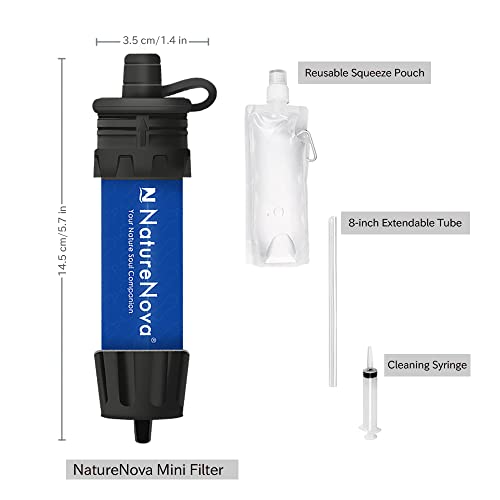 Mini Water Filter NatureNova Portable Emergency Water Filtration System Hiking Camping Straw Survival Gear Emergency Preparedness（Blue