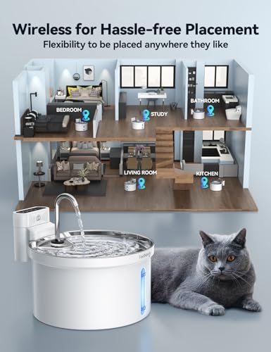 Wireless Cat Water Fountain [Water & Battery Separation] FEELNEEDY Automatic Pet Water Dispenser with Motion Sensor