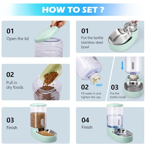 Automatic Cat Feeder and Water Dispenser with Stainless Steel Bowl Gravity Food Feeder and Waterer Set for Small Medium Dog Puppy Kitten 1 Gallon x 2