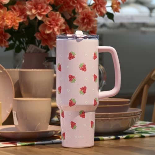 40oz Strawberry Tumbler with Handle and Flip Straw