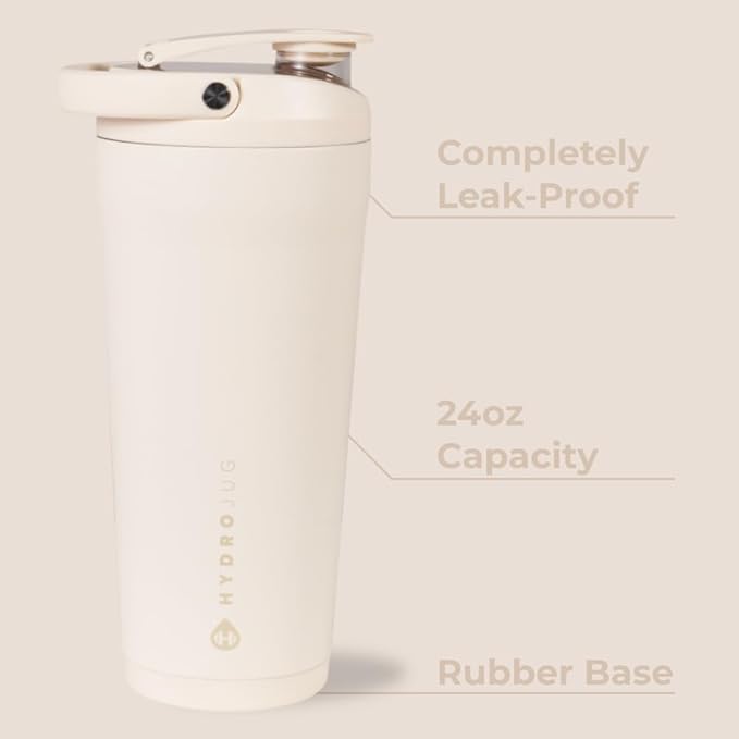 HydroJug 24 oz New Stainless Steel Shaker – Insulated, Leakproof, BPA-Free with Silent Mixing Grate – No Clumps, No Noise – Premium Shaker for Fitness, Sports & Everyday Use, Cream