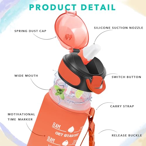 32 oz Drinking Water Bottle with Times to Drink and Straw
