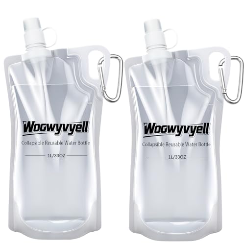 2-Pack 33oz (1L) Collapsible Water Bottles with Mountaineering Buckle, BPA-Free Foldable Travel Bottle for Camping Hiking Running Cycling Mountaineering - Compatible With All 28mm Thread Water Filter (2 Count)