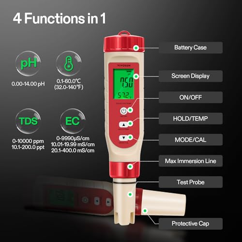 4-in-1 Digital pH Meter with pH/TDS/EC/Temp Function, 0-14.0 pH Measurement Range, ±0.1 pH Accuracy Water Quality Tester for Hydroponics, Household Drinking, and Aquarium
