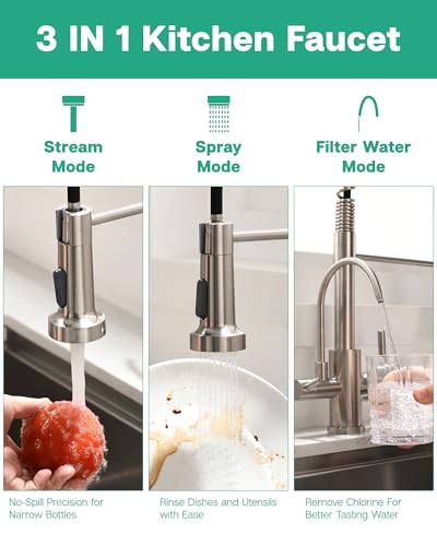 3 in 1 Kitchen Faucet with Pull Down Sprayer Brushed Nickel