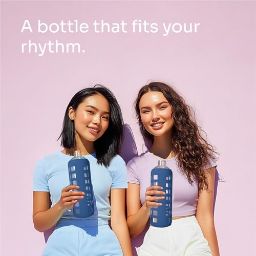 40oz / 32oz / 22oz / 12oz Borosilicate Glass Water Bottle with Time & Volume Markers, Silicone Sleeve, Stainless Steel Lid | Reusable Glass Bottle for Water & Juice (22oz Chinese Porcelain)
