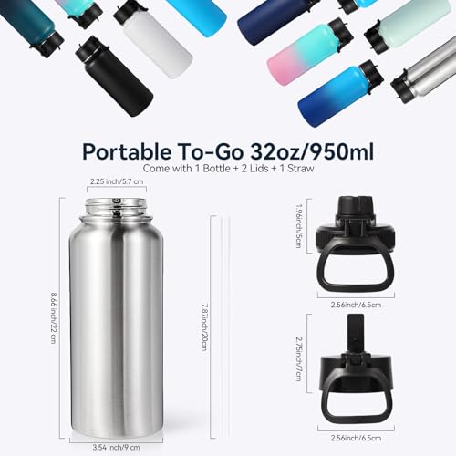 32 oz Insulated Water Bottles Bulk with 2 Lids (8 Count)