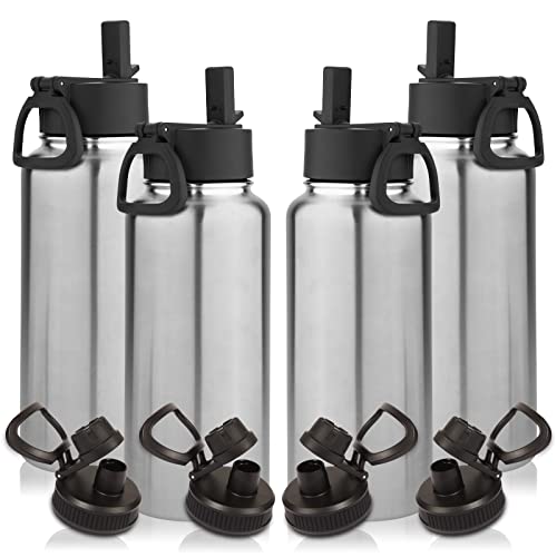 32 oz Water Bottles Bulk 4 Pack with Straw Lid & Spout Lid (4 Count)