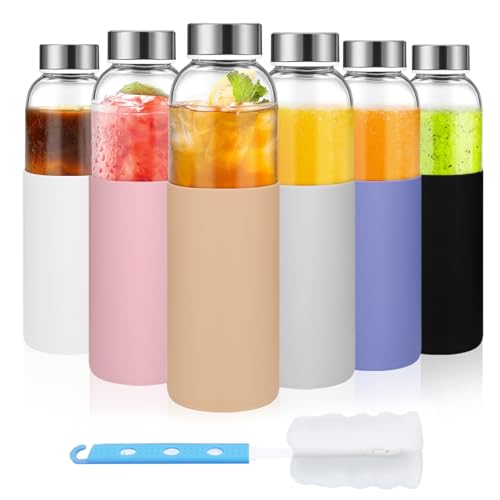 18 oz Glass Water Bottles with Lids and Silicone Sleeve 6 Pack (6 Count)