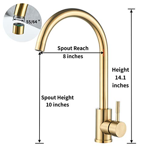 Single Handle High Arc Brushed Gold Kitchen Faucet Stainless Steel Commercial Single Hole Kitchen Sink Faucet