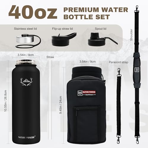 40 oz Insulated Water Bottle with Carrier Bag & 3 Lids