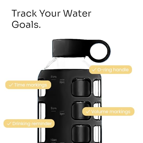 40oz / 32oz / 22oz / 12oz Borosilicate Glass Water Bottle with Time & Volume Markers, Silicone Sleeve, Stainless Steel Lid | Reusable Glass Bottle for Water & Juice (32oz Jet Black)